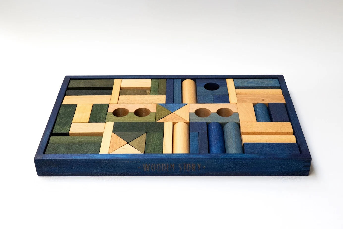 Wooden blocks in blue tray - 54 pcs