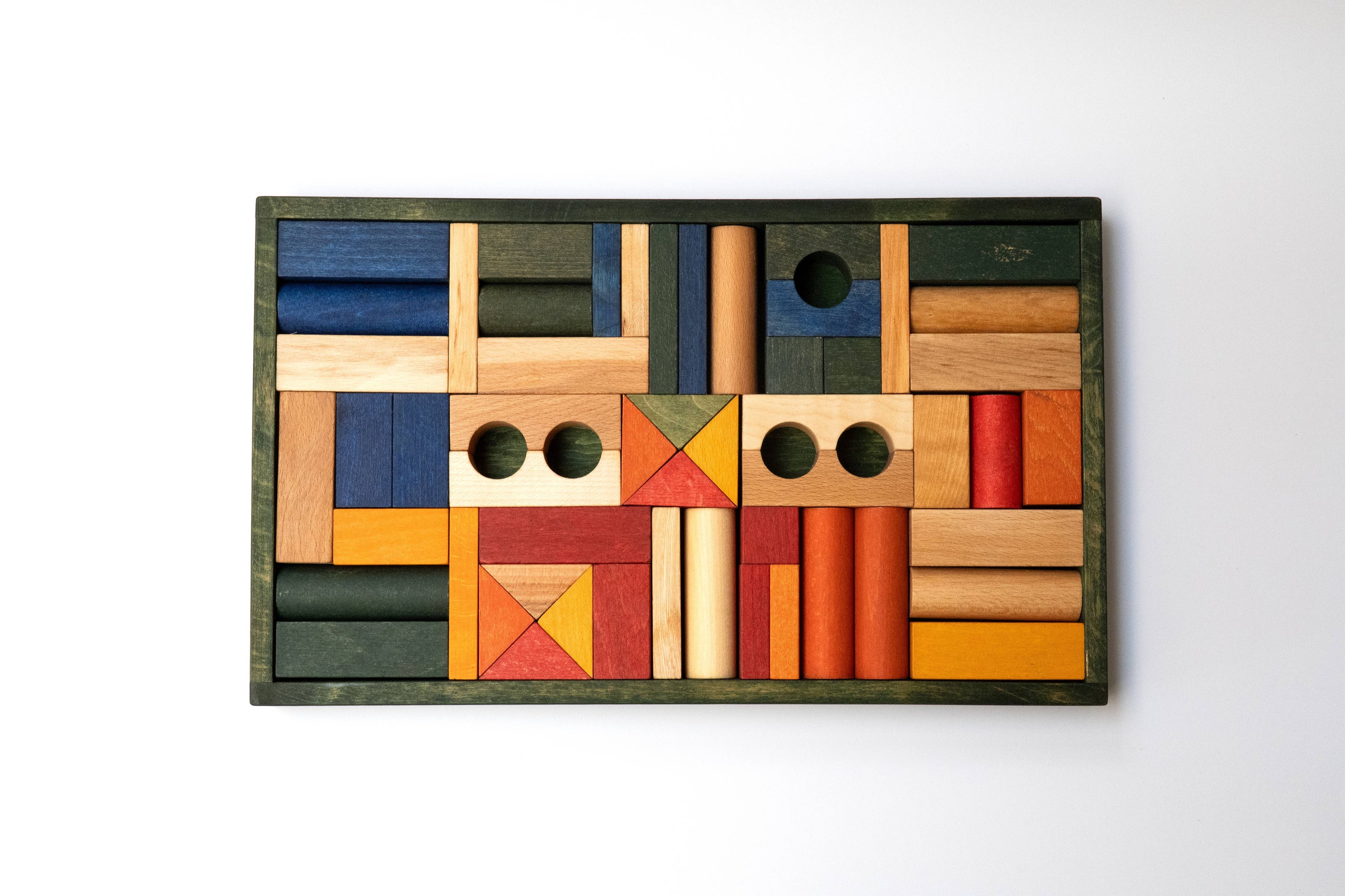 Wooden blocks in green tray - 54 pcs