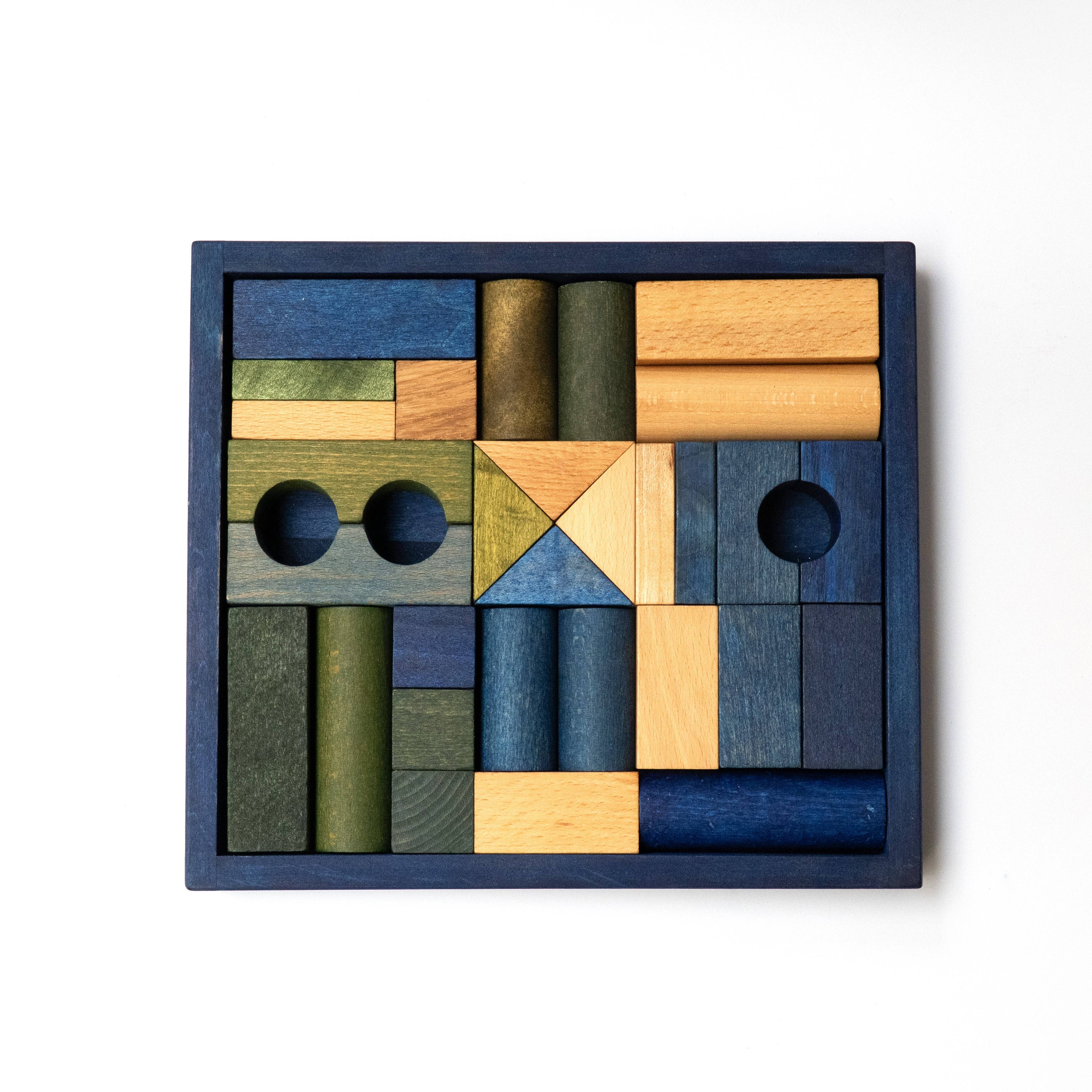 Wooden blocks in blue tray - 30 pcs