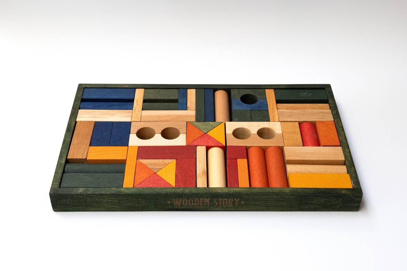 Wooden blocks in green tray - 54 pcs