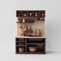 Wooden play kitchen set with shelves and utensils on a white background