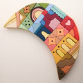 A colorful wooden geometric puzzle piece set arranged in a crescent or moon-like shape on a plain off-white background.