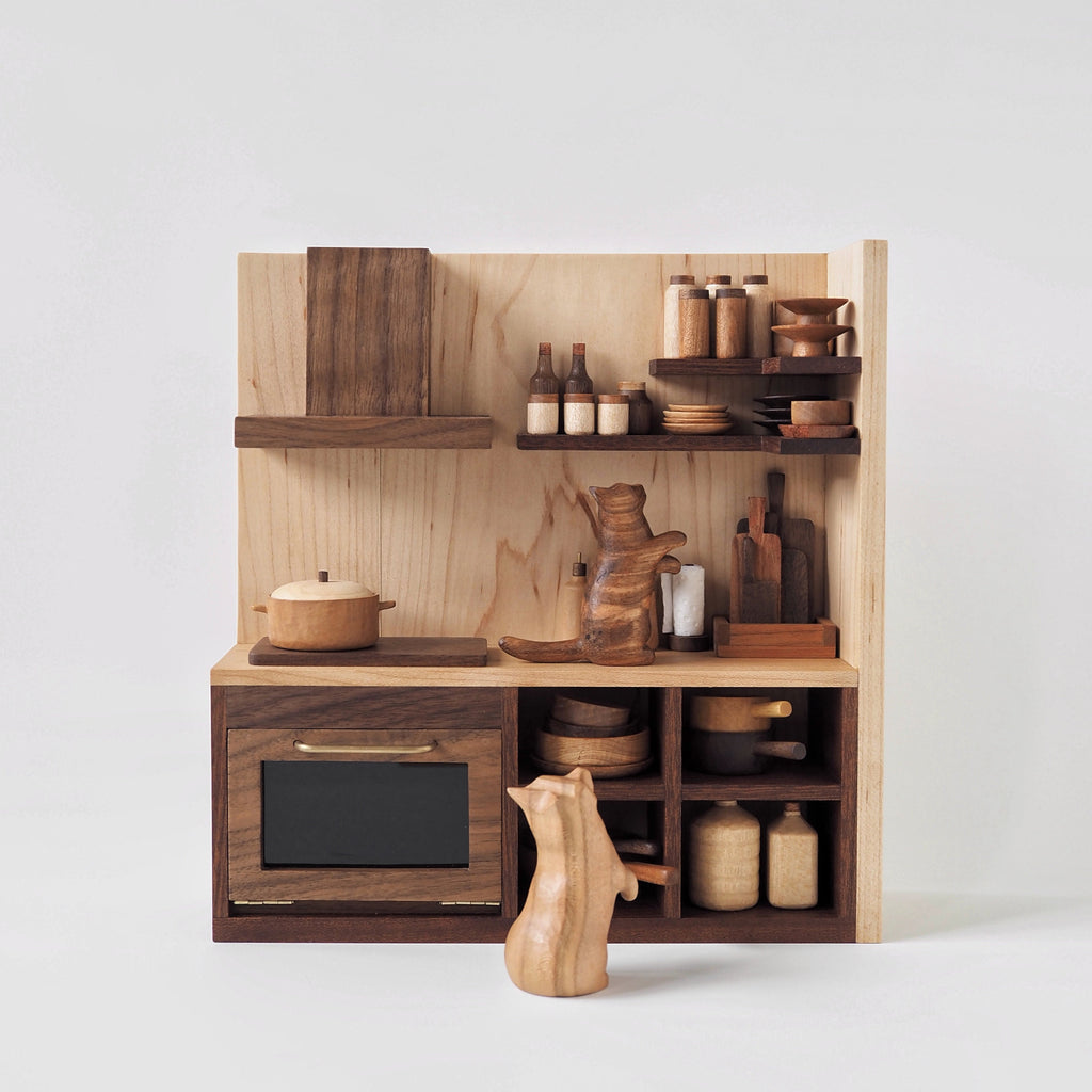 Wooden kitchen set with shelves and appliances on a white background