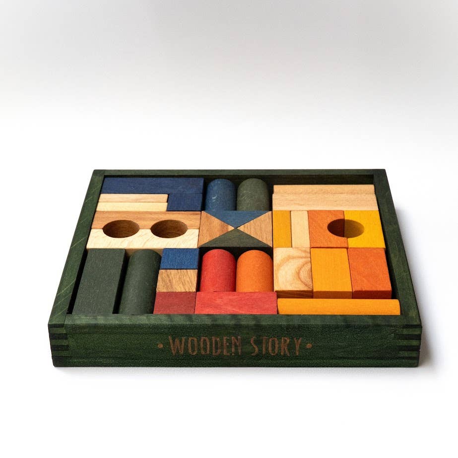 Wooden blocks in green tray - 30 pcs