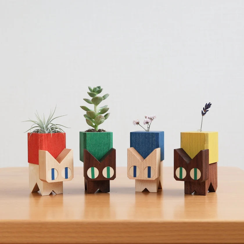 Neko Block Cat Flower Vase – Wooden Cat Planter & Bud Vase
