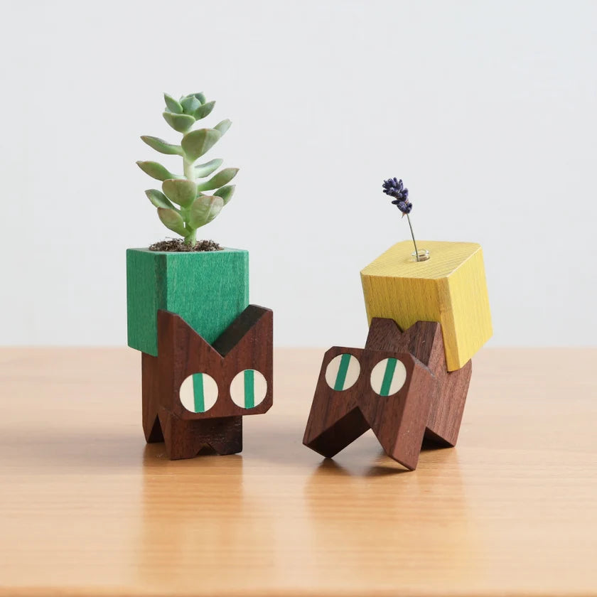 Neko Block Cat Flower Vase – Wooden Cat Planter & Bud Vase